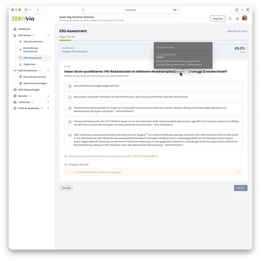 ZEROvia Screenshot – ESG assessment